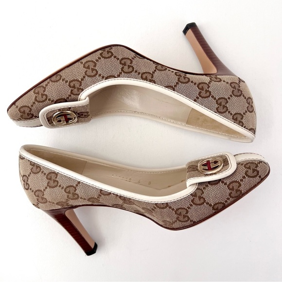 GUCCI || Vintage Supreme Monogram Canvas GG Interlocking Gold Logo Heel Pump 6 - Picture 11 of 16